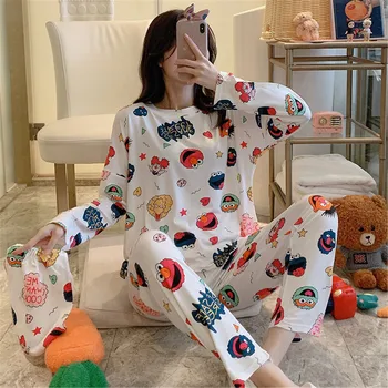 

Spring and autumn soft pyjama sets for women 2pieces Pyjamas Set Cartoon Sleepwear Suit Long Sleeve ladies Loose Home Clothes
