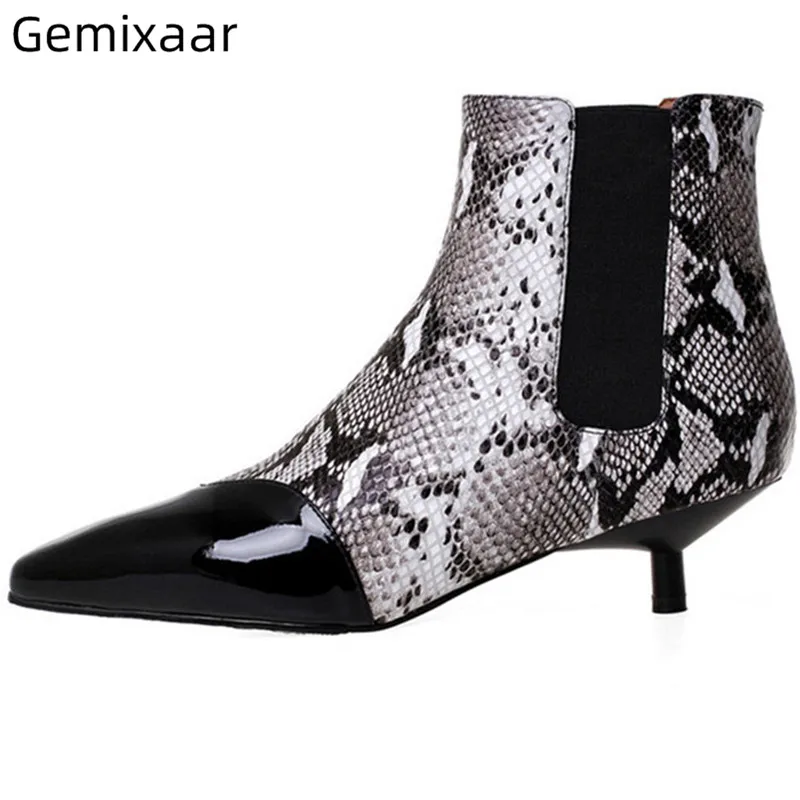

New Coming Boots Mix Pattern Comfy Genuine Leather Ladies Party Bottes Point Toe Ankle Slip On Med Thin Kitten Heel Woman Boots