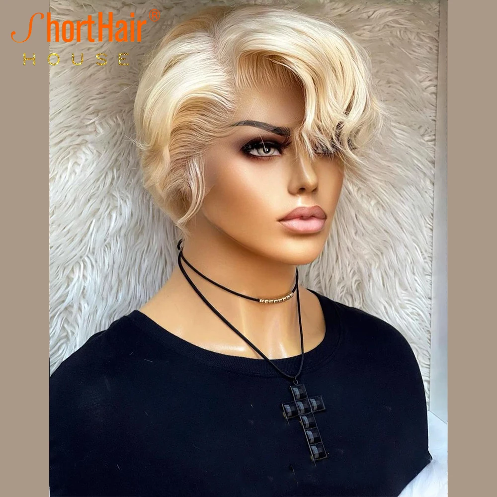 613 Honey Blonde Lace Frontal Wigs For Women Human Hair Pixie Cut Wig Short Curly Wigs 13x6x1 Lace Side Part For Women