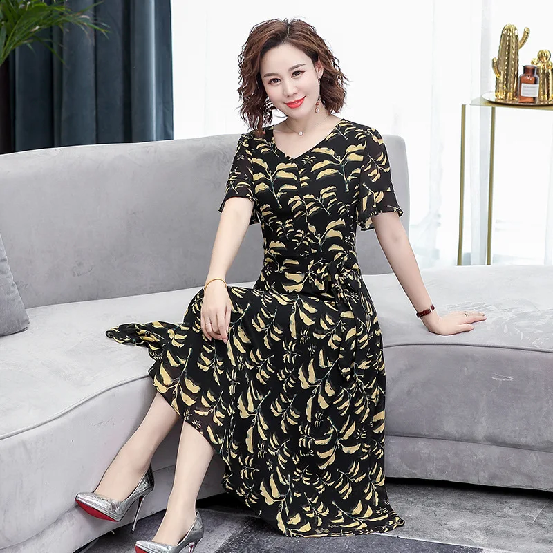 

Chiffon Dress 2019 Spring And Summer New Style 30-40-Year-Old Large Size Elegant Generous over-the-Knee Mid-length Full Body Dre