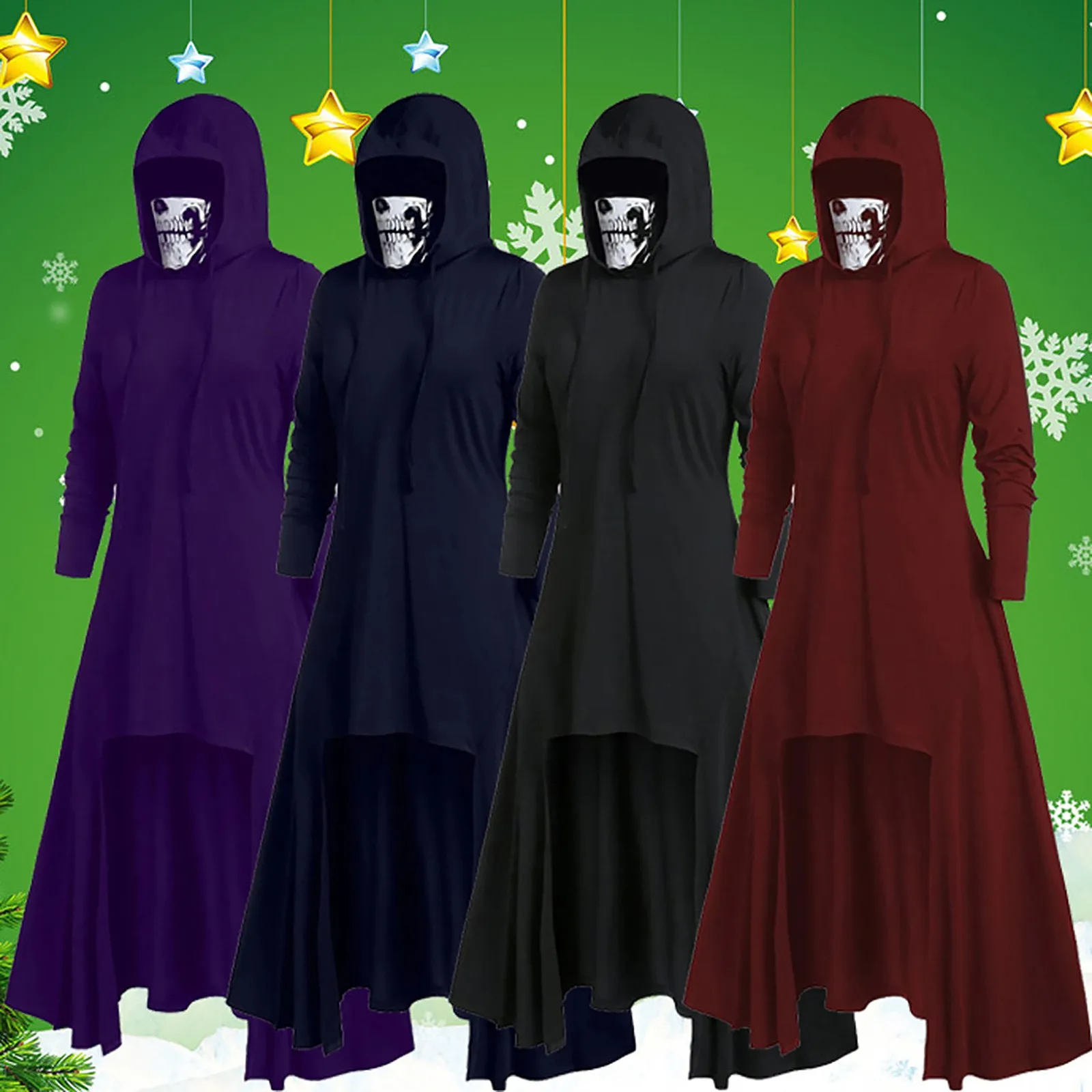 Women Mask Skull Pure Color Pullover Long Sleeve Hooded Tops Blouse Dress for Halloween Cosplay Party retro Vestido new Женский 1