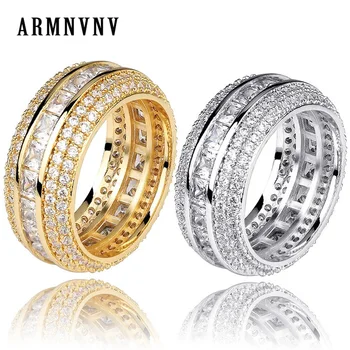 

ARMNVNV 5 Row CZ Men's Ring Hollow Out Copper Charm Gold Silver Color Cubic Zircon Iced RING Fashion Hip Hop Jewelry