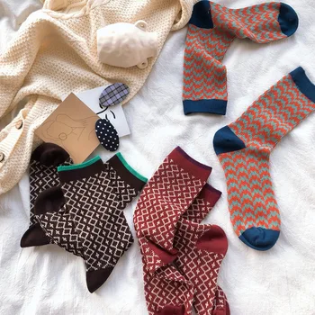 

Geometric Winter Women's Socks Retro Double Needle Tube Socks Cotton Geometric Hand-Stitched Head College Style Pile Socks