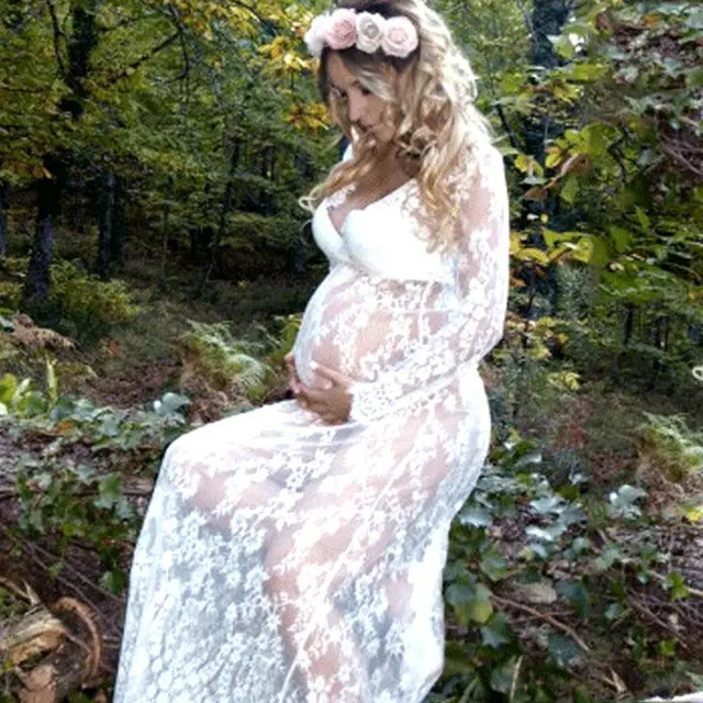 Verano de las mujeres Split frontal largo Maxi maternidad blanco y negro de encaje, vestido de embarazada, vestido de encaje vestido fotografía Prop ver a través de vestido 6