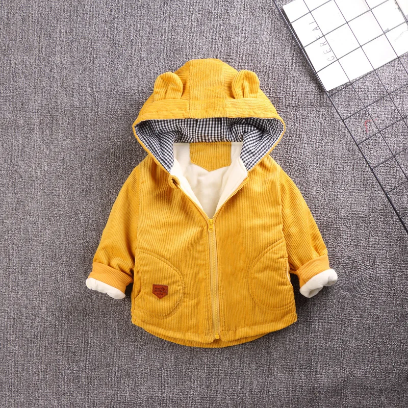 Детские Зимние флисовые куртки для мальчиков, одежда с капюшоном, теплая верхняя одежда, ветровка для маленьких детей, тонкие пальто - Цвет: Цвет: желтый