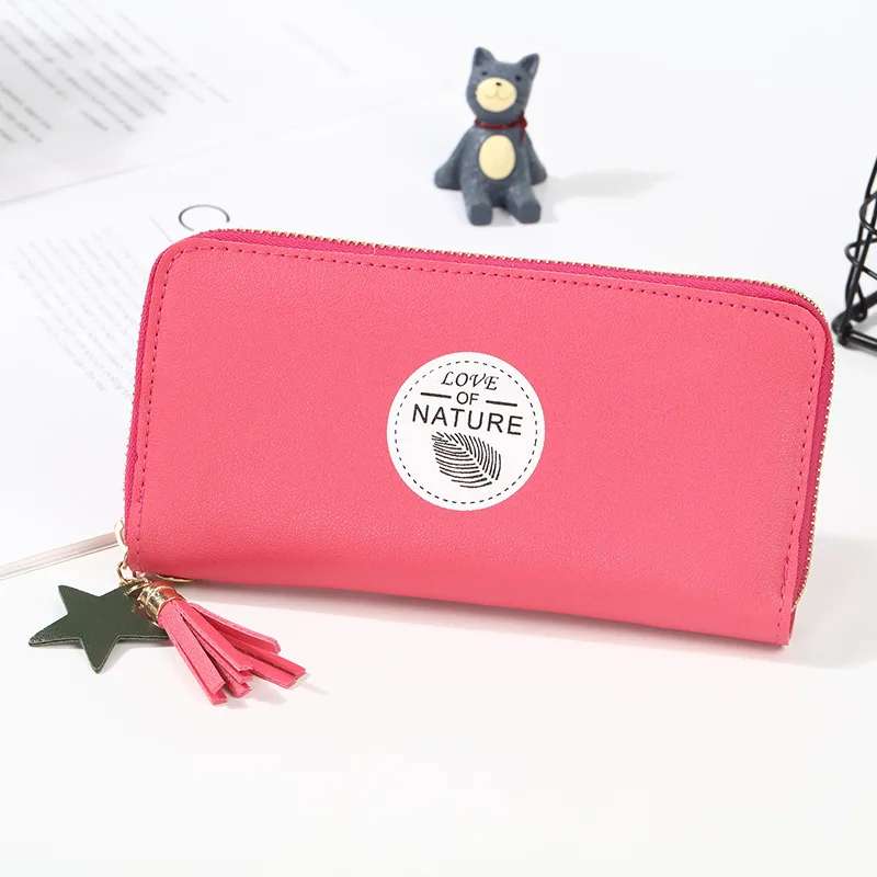

Women's long wallet Korean style tassel five-pointed star zipper multi-card large capacity wallet coin purse