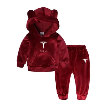 

Tesla Car Logo Print Children's clothing gold velvet suit hoodie baby boy girl fashion hoodie + pants 2 sets 1-8 years old