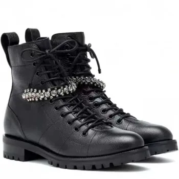 

Genuine Leather Boots Crystal Women Boots Strap Lace-Up Ankle Boots Round Toe Short Boots Elegant Lady Shoes Comfort Shoes 2019