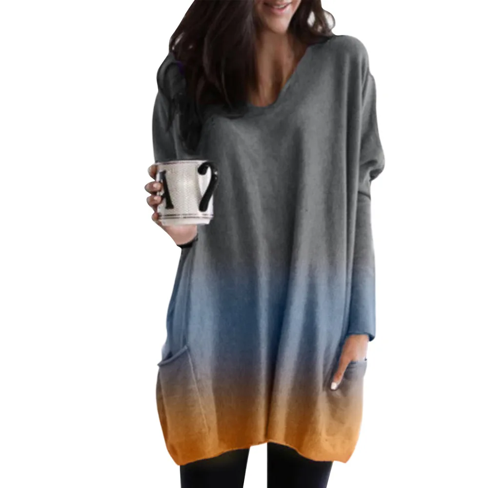 

LOOZYKIT 2019 Fashion Womens Autumn V-neck Sweatshirts Long Loose Batwing Sleeve Pocket Pullover Gradient Casual Sweatshirt