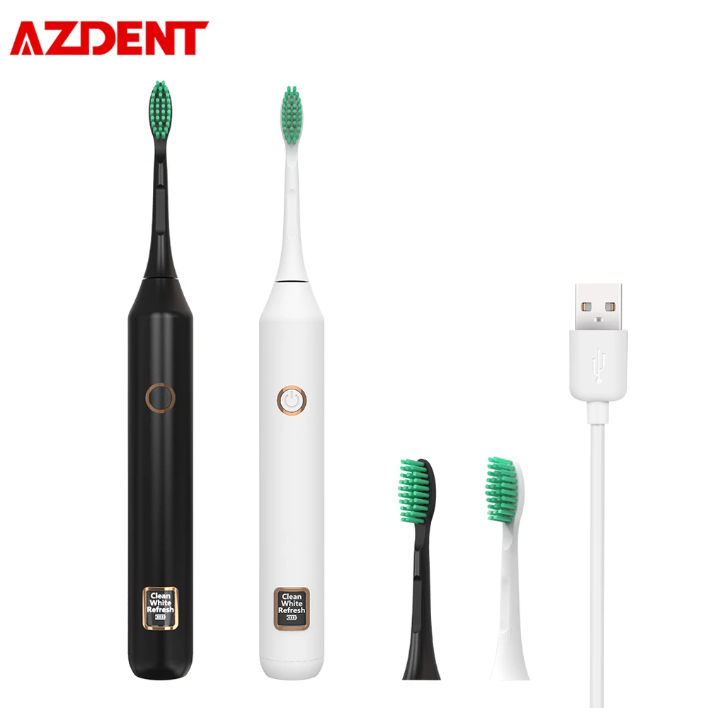 AZDENT, ЖК-дисплей, электрическая зубная щетка, USB перезаряжаемая звуковая волна, черно-белая отбеливающая щетка для зубов, 3 режима, водонепроницаемая