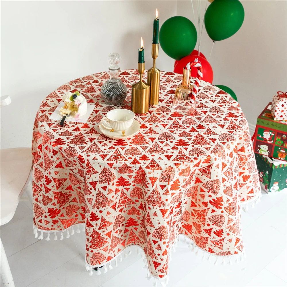 Веселая Новогодняя вечеринка скатерти с кисточками край декоративный стол верхняя крышка красный зеленый скатерть для круглого стола для украшения дома