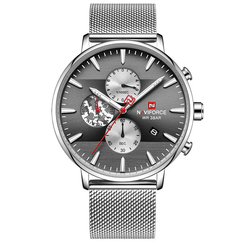 Мужские наручные часы naviforce модные повседневные кварцевые мужские часы, хронограф водонепроницаемые аналоговые наручные часы Мужские часы Relogio Masculino - Цвет: Silver Grey