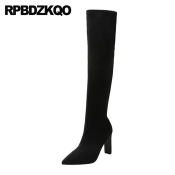 

over the knee chunky stretch tall suede slim thigh women boots pointy long block sexy black pointed toe luxury shoes high heel