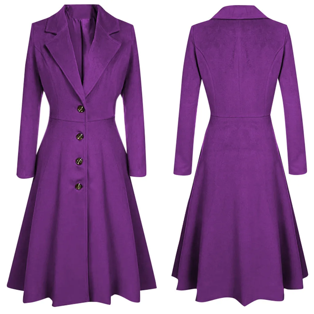 Зимнее шерстяное пальто для женщин, длинный Тренч с лацканами и пуговицами, куртка, элегантная фиолетовая Женская парка, верхняя одежда#8334