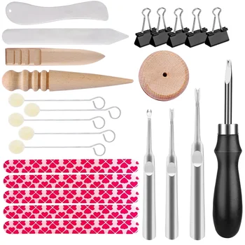 

LMDZ 23 Pcs Leather Tools with Leather Skiving Tools,Wool Daubers,Sanding Strip,Clips,Wood Slicker Burnisher,Shaped Groover