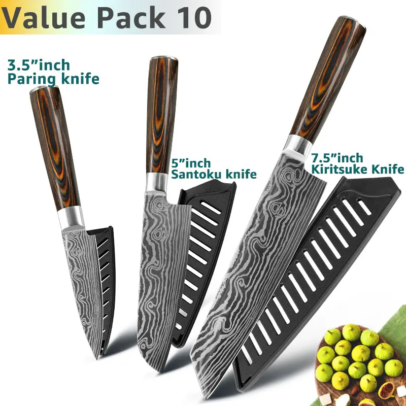 Кухонный нож шеф-повара японский 7CR17 440C высокоуглеродистой нержавеющей стали Шлифовальный лазерный узор - Цвет: Value pack 10
