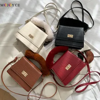

Fashion Stone Pattern Shoulder Crossbody Bags for Women 2020 PU Leather Plush Handle Handbags Casual Solid Color Bags