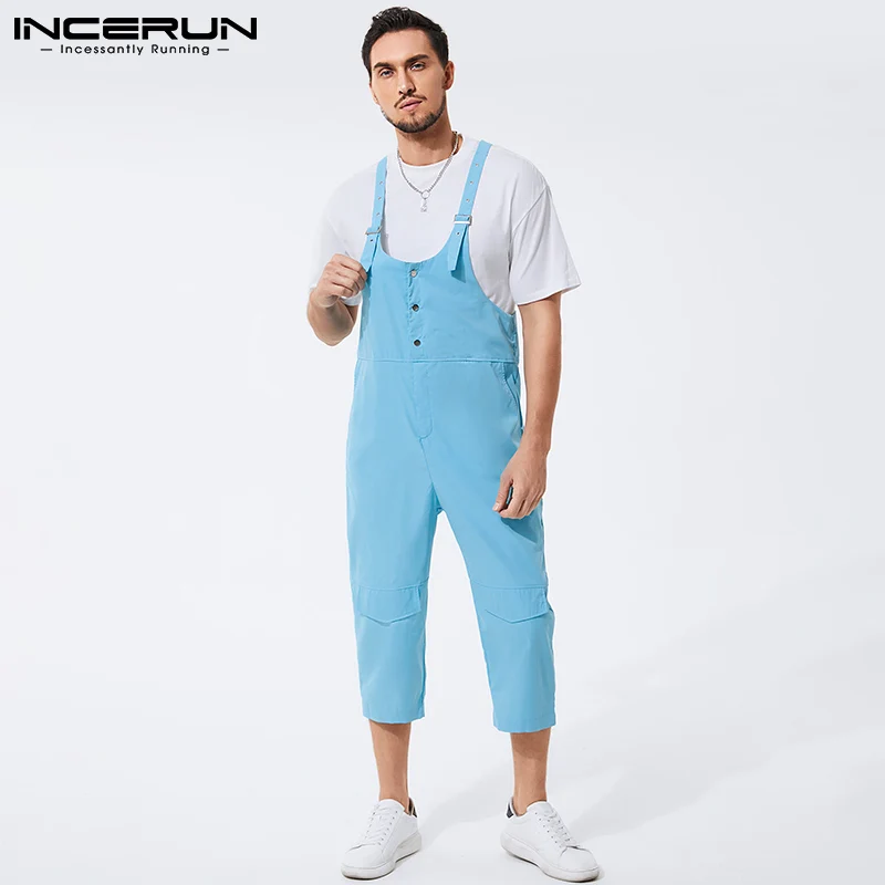 INCERUN Men Cargo Overalls Suspenders Pants Casual Loose Dungarees Jumpsuits US 