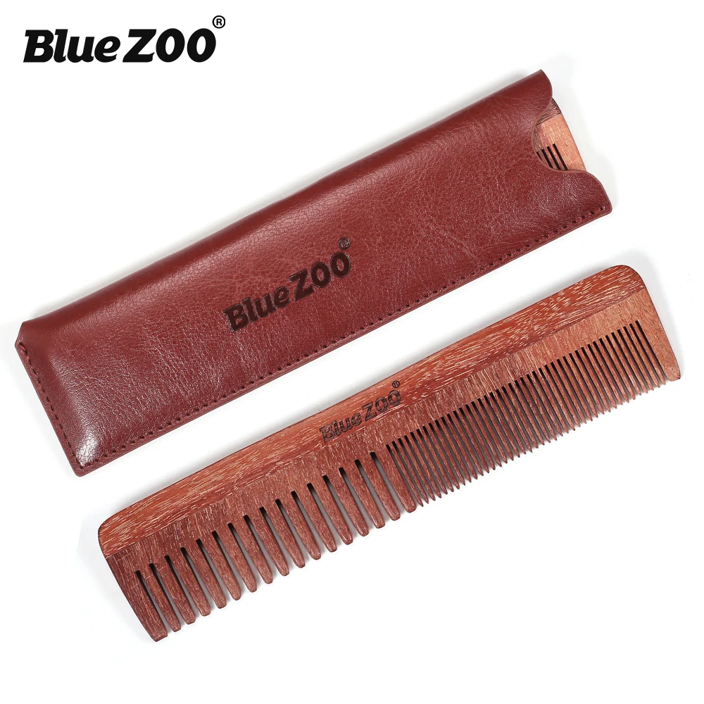 BlueZOO портативный гребень для волос, расческа для бороды, уход за бородой, расческа из красного сандалового дерева, кожаная сумка, толстый тонкий гребень, уход за усами