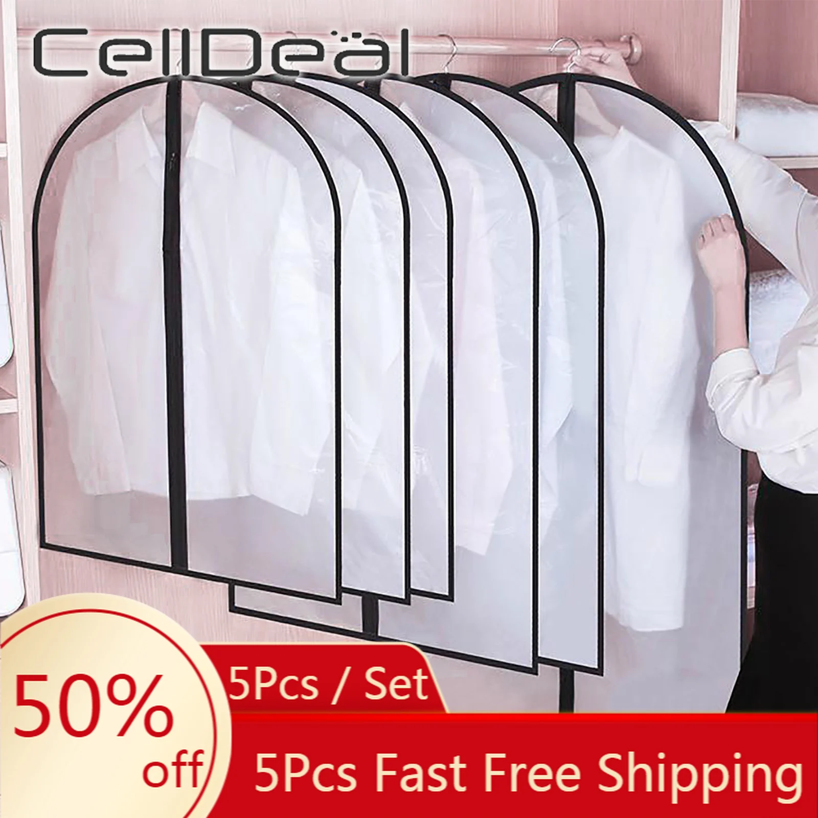 CellDeal-Juego de fundas para ropa a prueba de polvo, plegable, 5 uds., Protector para abrigos, organizador, cubierta antipolvo, bolsas colgantes para ropa, armario