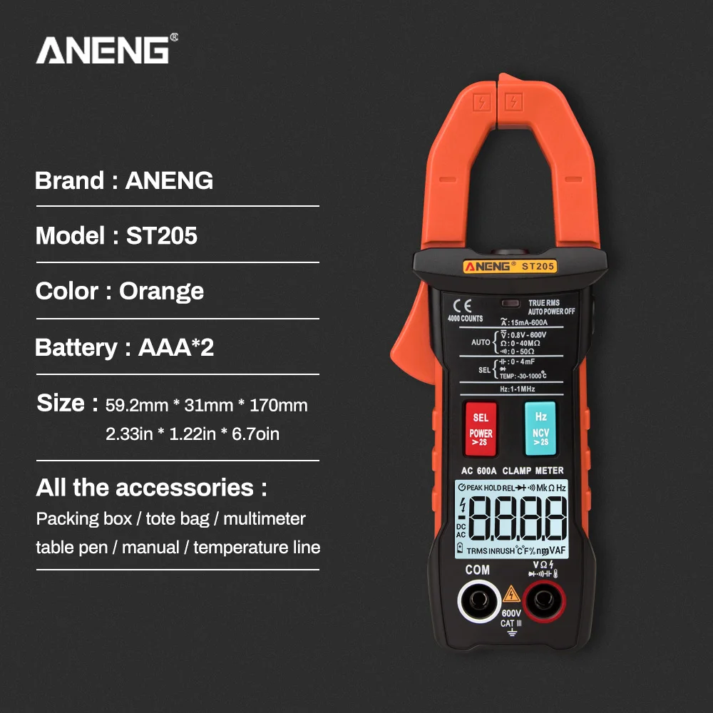 ANENG ST205 4000 отсчетов Полный Интеллектуальный диапазон True RMS цифровой мультиметр клещи AC/DC напряжение NCV сопротивление Авто Диапазон