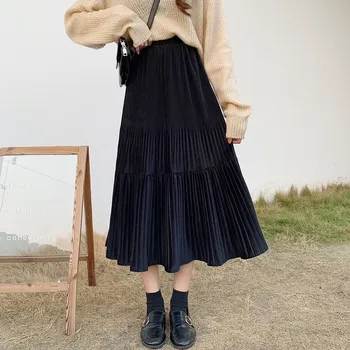 

Thicken Pleated Skirt Women Plus Size Ruffles Long Skirt Autumn High Elastic Waist Korean Vintage Harajuku Midi Skirts 2019 W104