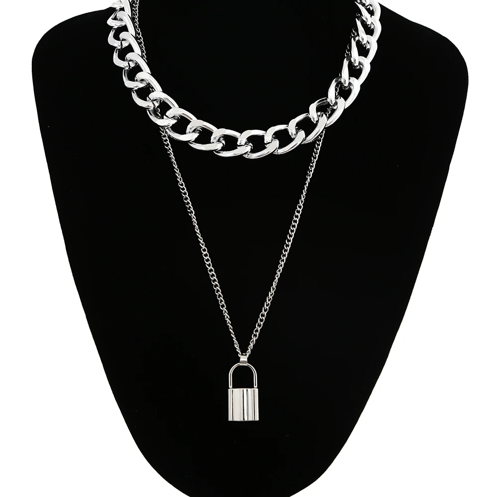 Двухслойная цепочка с замком ожерелье готический гранж серебряный металлический замок кулон ожерелье для женщин и мужчин модные готические ювелирные изделия