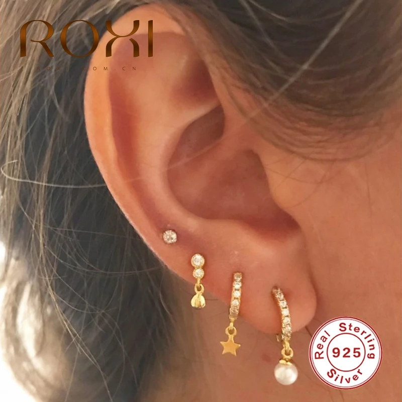ROXI 925 Sterling Silver Pearl Pendientes Drop Earrings for Women Brincos Hoop Round Zircon Crystal Jewelry Kolczyki Earing