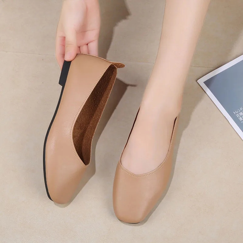 Women's Nursing Shoes - Candy Color Leather Flats, Nude Casual Square Toe Loafers, Retro Slip-On Comfort, Black image 5