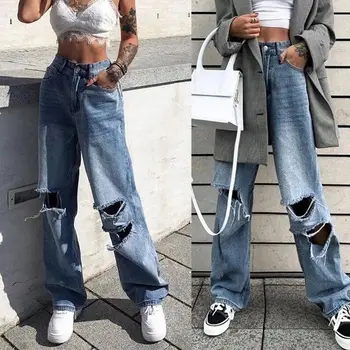 

Women High Waist Destroyed Flare Jeans Ripped Hole Wide Leg Denim Long Pants X7YA