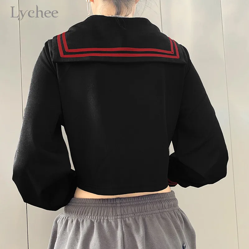 remarkable  Lychee Harajuku Casual Preppy Zipper Female Crop Coats Sailor Collar Stripe Women Jacket Spring Aut