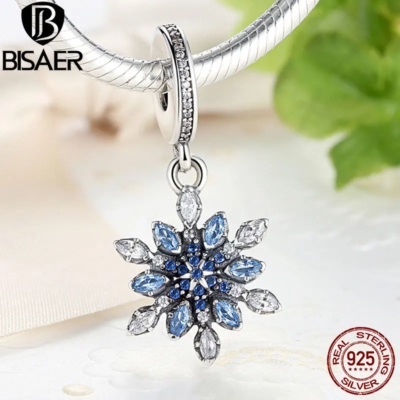BISAER, подлинный 925 пробы, серебряный шарм, подвеска Снежинка, шарм, подходит к оригинальному пану, очаровательный браслет, серебряное ювелирное изделие GOS240