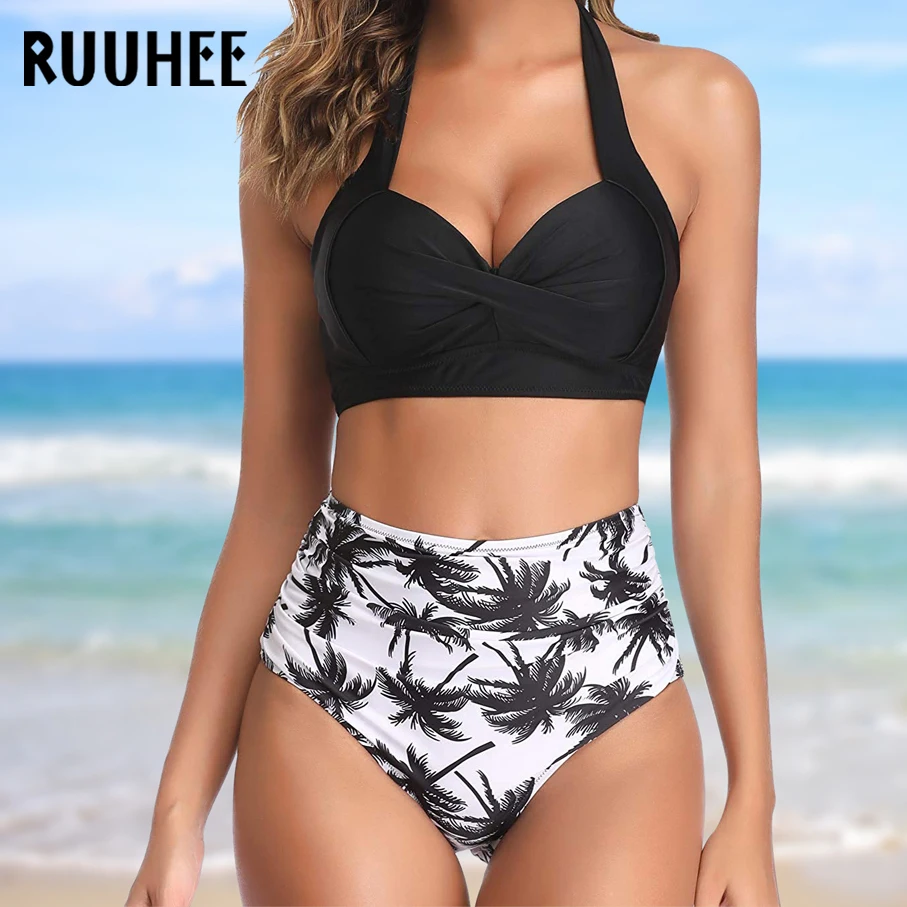 Online RUUHEE Halter TOP Hohe Taille Bikini 2020 Frauen Bandage Bademode Push UP Badeanzug Leopard Schwimmen Set Maillot De Bain Femme neue