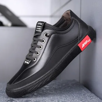 

LIMEIKE Men Shoes Casual Leather Fashion Trendy Black Flat Shoes for Men trend wild casual tide shoes plush Increased within 6CM