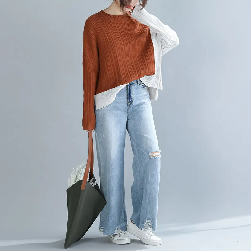 DIMANAF, осенний свитер размера плюс для женщин, вязаный пуловер для офиса, топы для девушек, Лоскутная одежда с длинным рукавом, модная повседневная женская одежда, новинка - Цвет: Tao8691