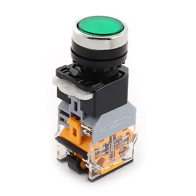 

AC 220V 1NO 1NC DPST Flat Momentary Push Button Switch w Green LED Light