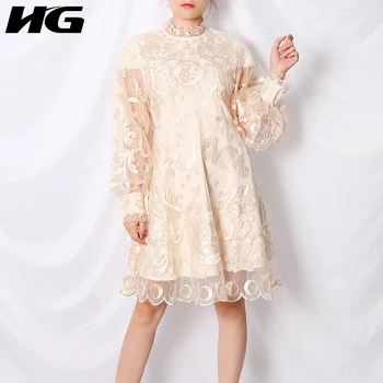 

HG Minority Resses for Women Hollow Lantern Sleeves Trend Mesh Embroidery Woman Dress Loose Wild Fashion Vintage Autumn DZL2102