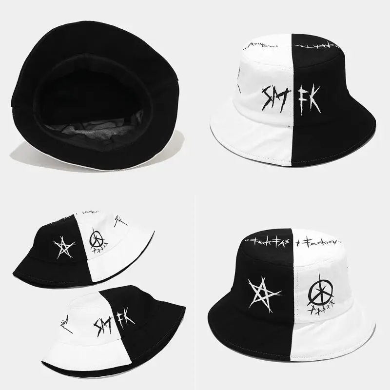 Unisex Black White Color Block Bucket Hat Star Eye Graffiti Print Fisherman Cap