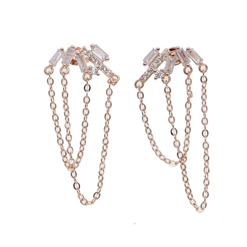 Rose gold color white square cz chain earrings for women pink long tassle earrings fringe jewelry gift