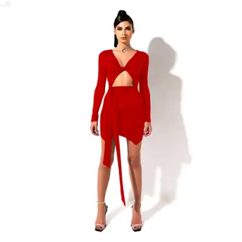 

Women Winter Mini Dress Deep V-neck Full Sleeve Solid Sexy Dress Night Clubwear Party Dresses Color Lace Up Sheath Bandage Dress
