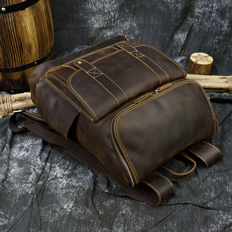 Big Capacity Vintage Leather Backpack Laptop Travel Bagpack Men Male Cowskin Backpack Retro Style Travel Bag Brown 42cm