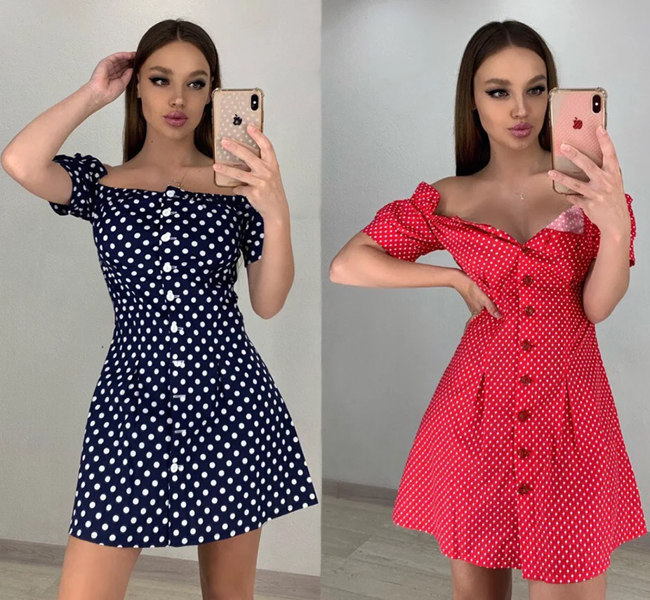 

Europe And America 2019 New Style A- line Skirt Horizontal Neck Buttons WOMEN'S Dress Dots Dress