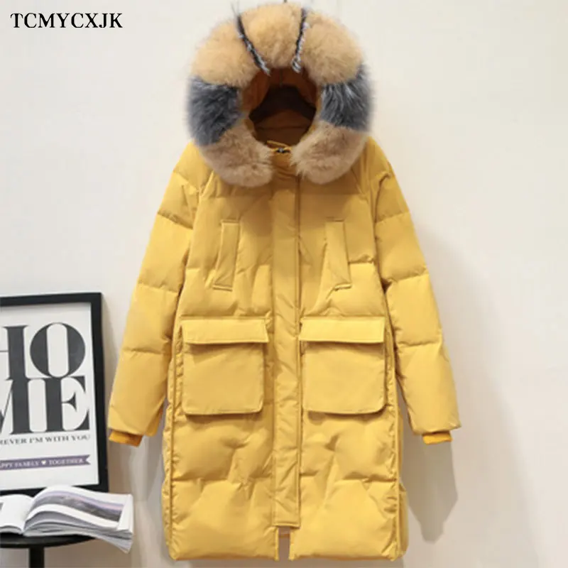 

90 %White Duck Down Coat Womenâ€™s 2020 Winter New Korean Fashion Big Fur Collar Parka Jacket Thick And Warm Big Pocket Down Coats