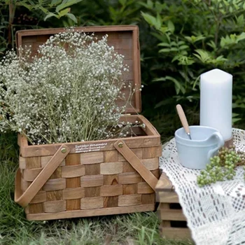 

Portable Wooden Storage Box Wicker Makeup Storage Box Family Camping Picnic Storage Basket