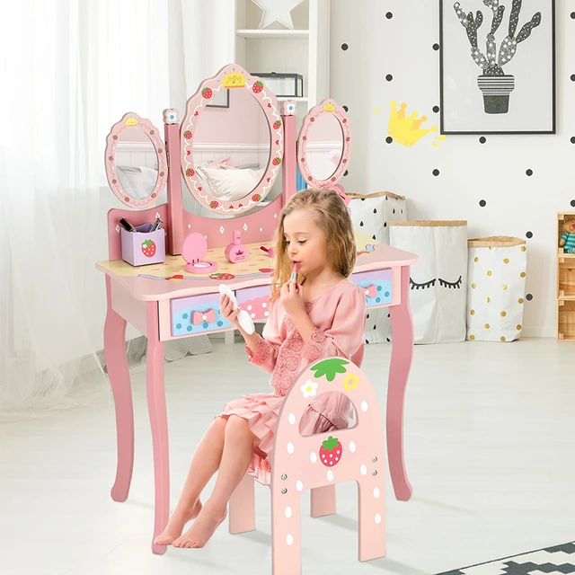 COSTWAY Tocador de Maquillaje para Niña, Juego de Mesa de Tocador y  Taburete para Niños, Mesa