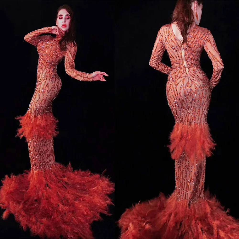 Роскошное блестящее платье разы с красными перьями сексуальное длинное русалки