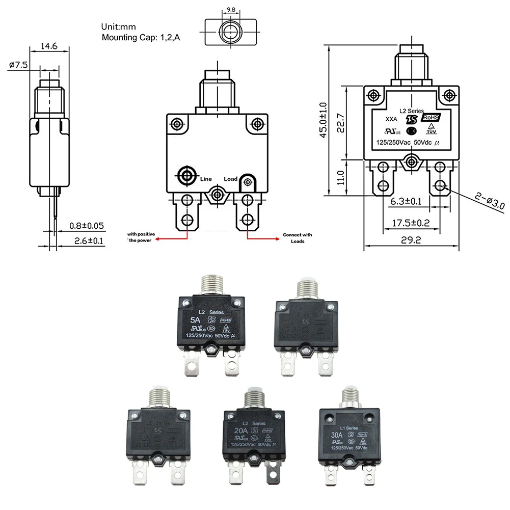 5A/10A/15A/20A/30AMP сбрасываемый Кнопочный Тепловой электрический выключатель воздуха выключатель литой корпус крепление панели