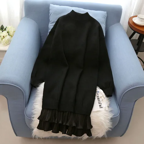 Осеннее теплое платье-свитер большого размера, женское платье с длинным рукавом, Женский базовый длинный прямой элегантный вязаный свободный свитер, платье, шикарный свитер - Цвет: Черный