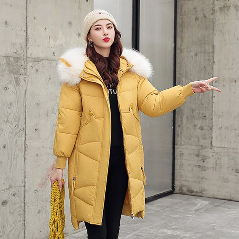 Новое поступление, зимняя куртка для женщин в Корейском стиле, с капюшоном, утепленная меховая женская верхняя одежда, парка, длинное пальто, с хлопковой подкладкой, свободная - Цвет: Цвет: желтый