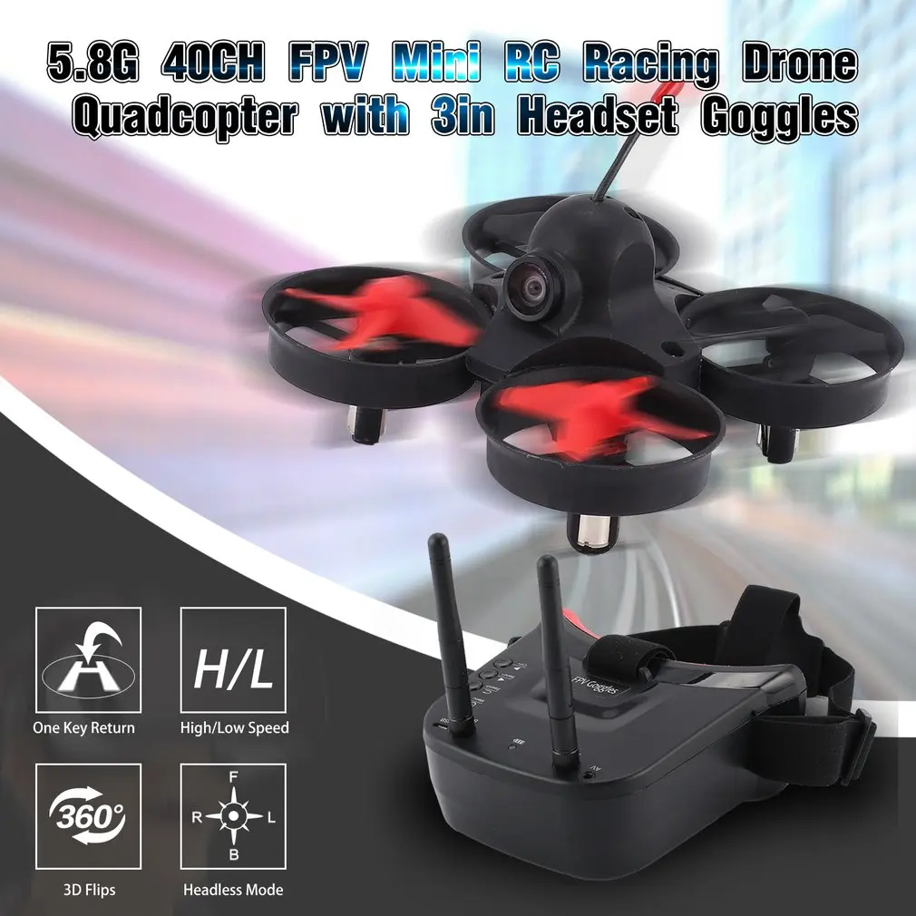 

5.8G 40CH FPV Camera Mini RC Racing Drone Quadcopter Aircraft with 3in Headset Auto-searching Goggles Receiver Monitor